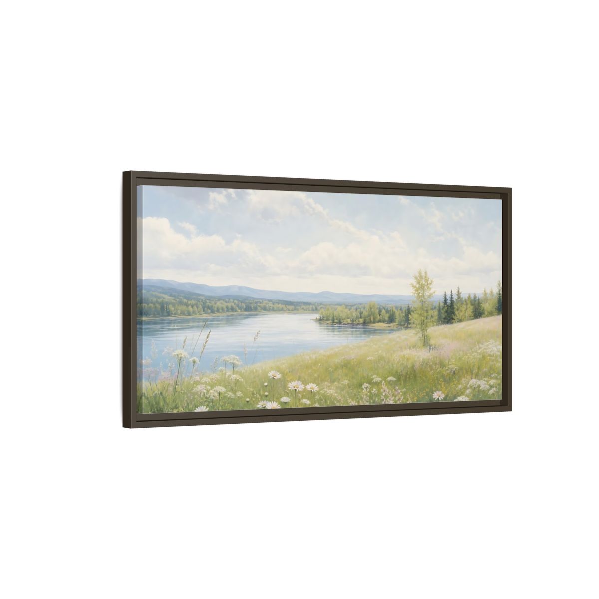 Main Mockup. Nature Summer Landscape Green And Blue Landscape shown as stretched canvas wall art