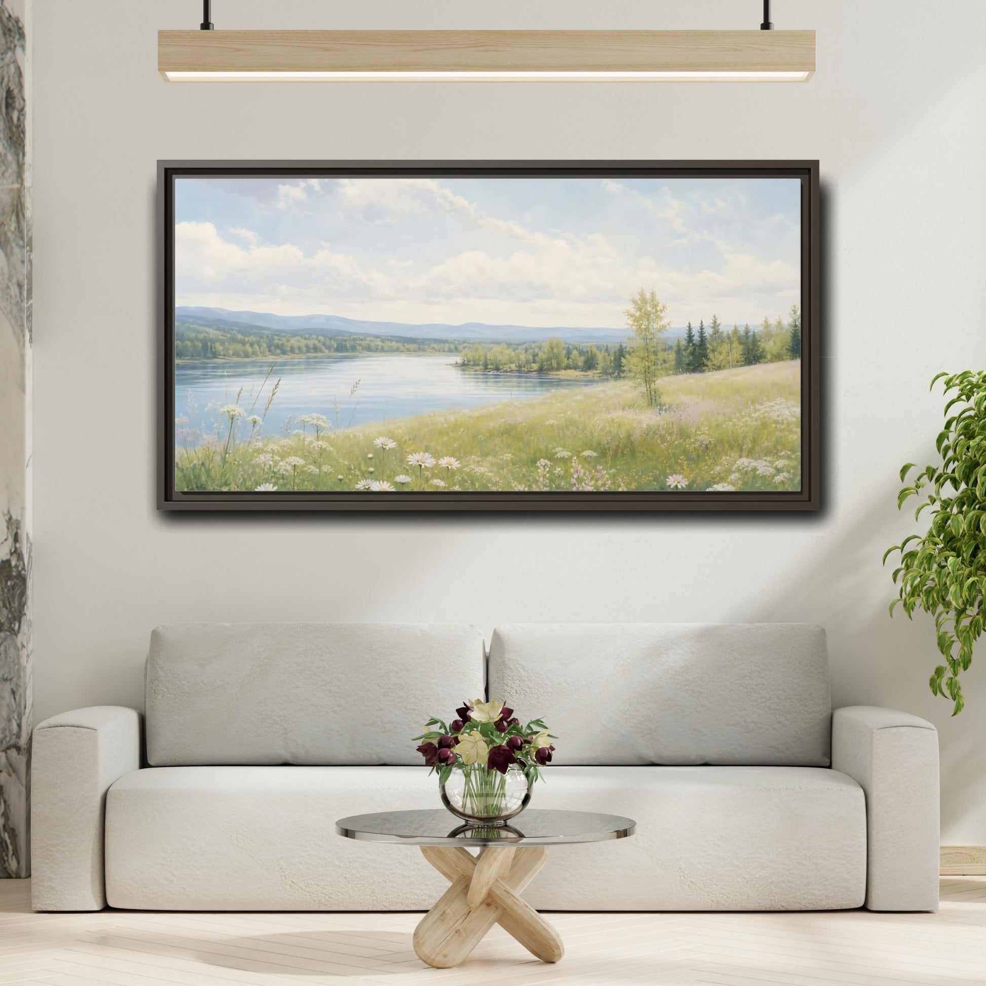 Mockup 2. Nature Summer Landscape Green And Blue Landscape shown as stretched canvas wall art