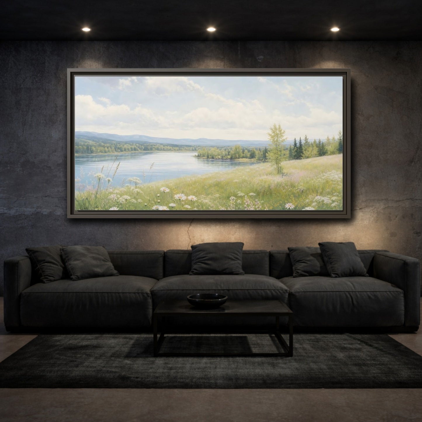 Mockup 3. Nature Summer Landscape Green And Blue Landscape shown as stretched canvas wall art