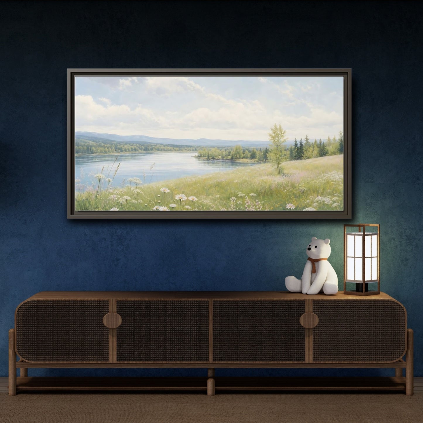 Mockup 4. Nature Summer Landscape Green And Blue Landscape shown as stretched canvas wall art