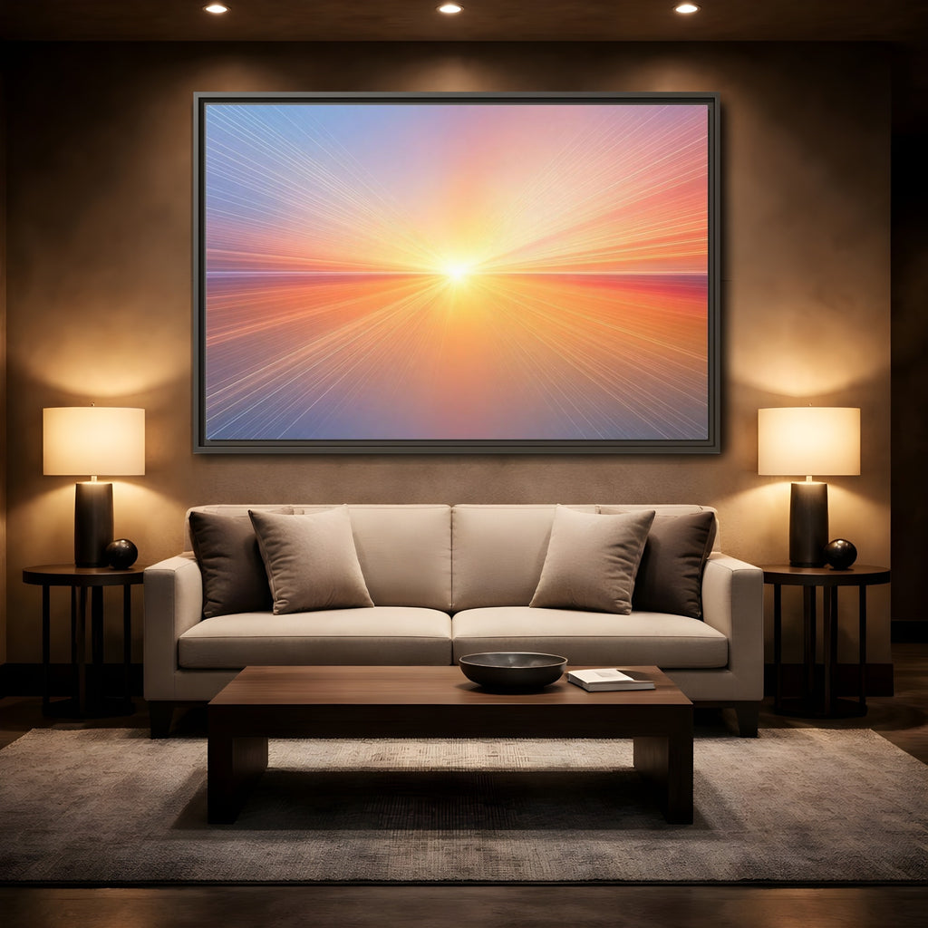 Mockup 2. Nature Sun Burst Sunset Horizon shown as stretched canvas wall art