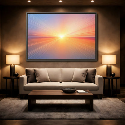 Mockup 2. Nature Sun Burst Sunset Horizon shown as stretched canvas wall art