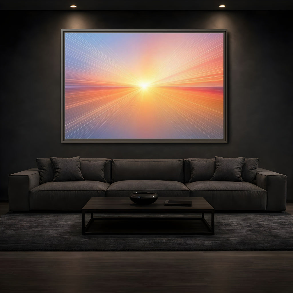 Mockup 3. Nature Sun Burst Sunset Horizon shown as stretched canvas wall art