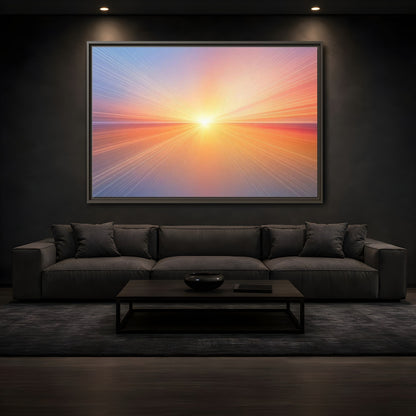 Mockup 3. Nature Sun Burst Sunset Horizon shown as stretched canvas wall art