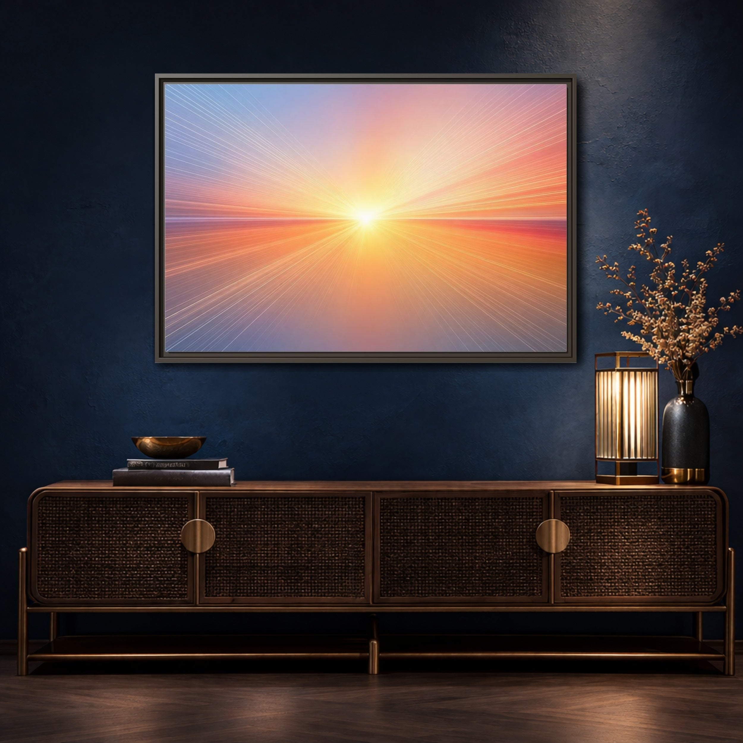 Mockup 4. Nature Sun Burst Sunset Horizon shown as stretched canvas wall art