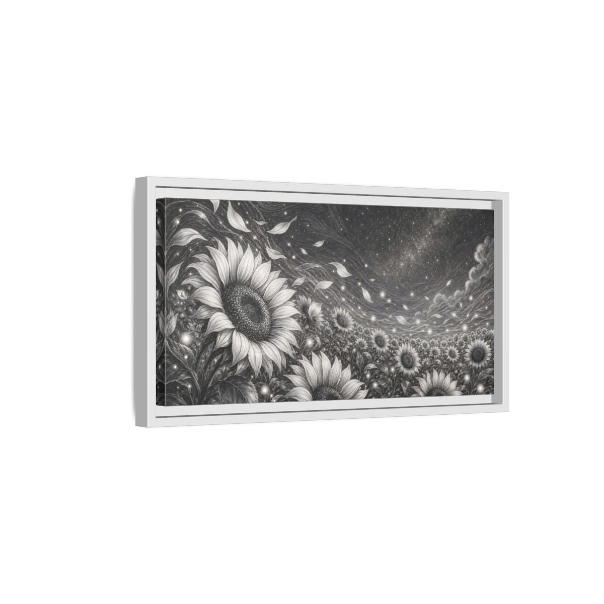 Side Mockup 6. Nature Sunflower Field Monochrome Sunflowers shown as stretched canvas wall art