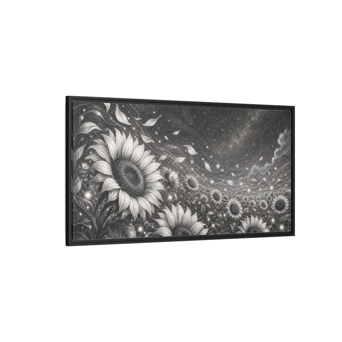 Side Mockup 5. Nature Sunflower Field Monochrome Sunflowers shown as stretched canvas wall art