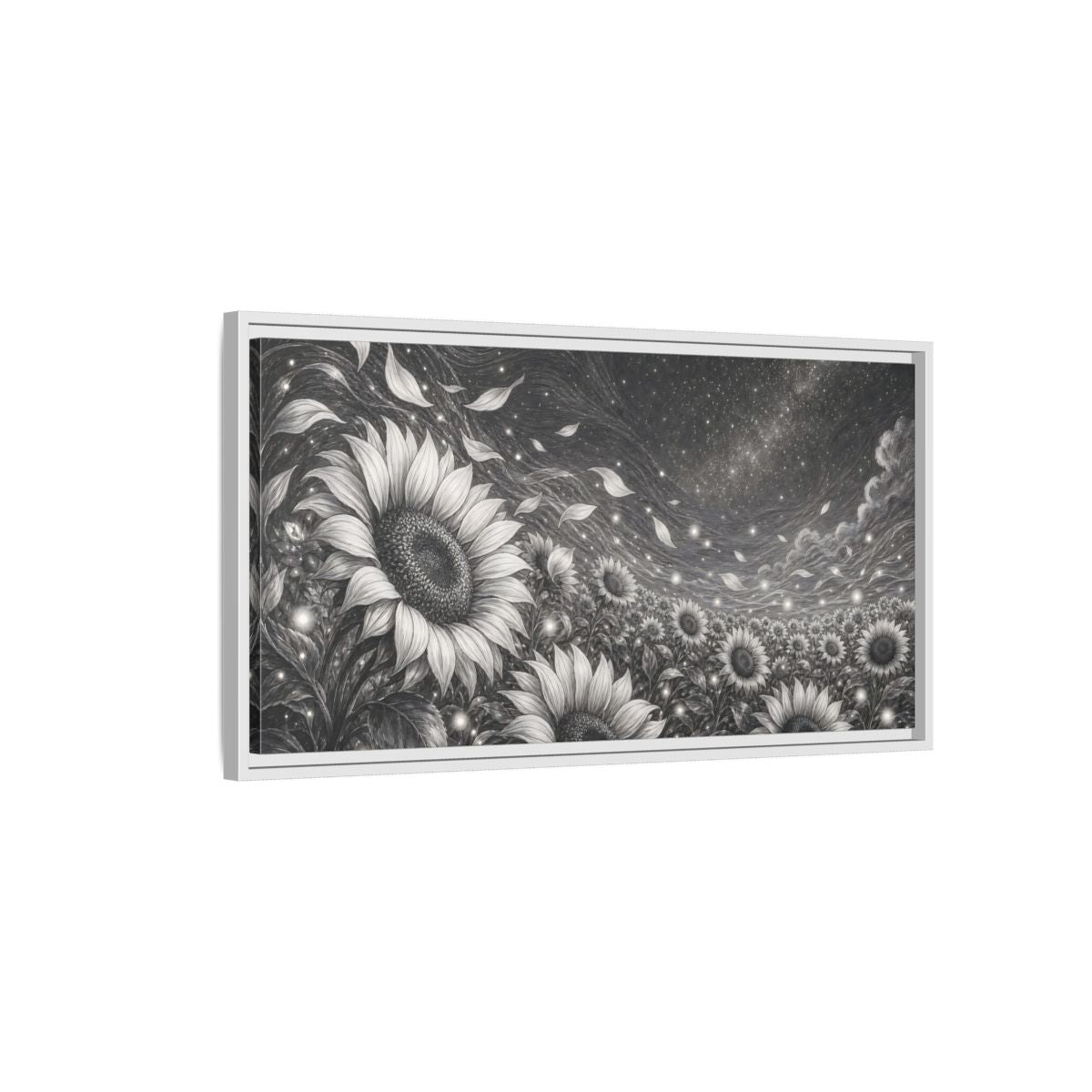 Side Mockup 1. Nature Sunflower Field Monochrome Sunflowers shown as stretched canvas wall art