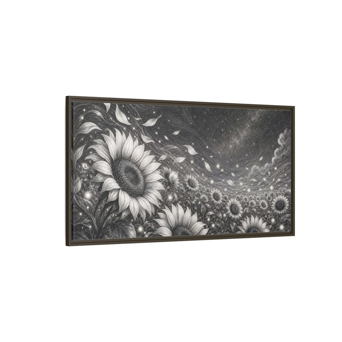 Side Mockup 4. Nature Sunflower Field Monochrome Sunflowers shown as stretched canvas wall art