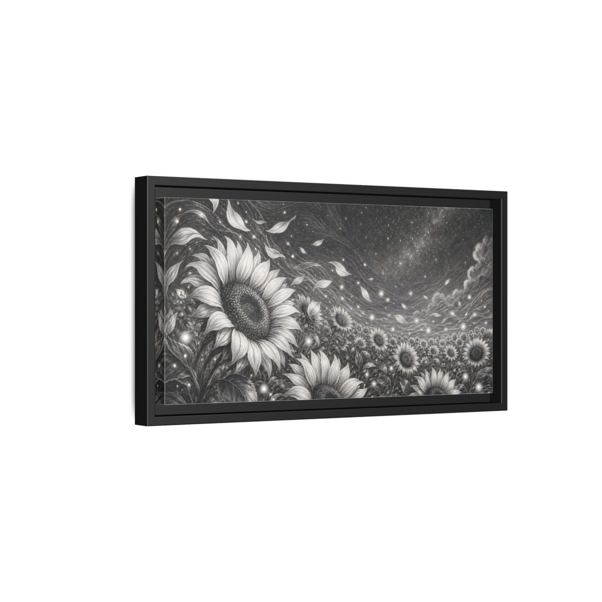 Side Mockup 8. Nature Sunflower Field Monochrome Sunflowers shown as stretched canvas wall art