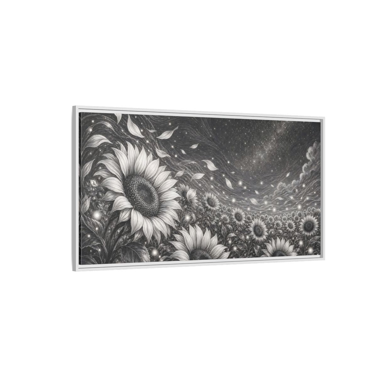 Side Mockup 3. Nature Sunflower Field Monochrome Sunflowers shown as stretched canvas wall art