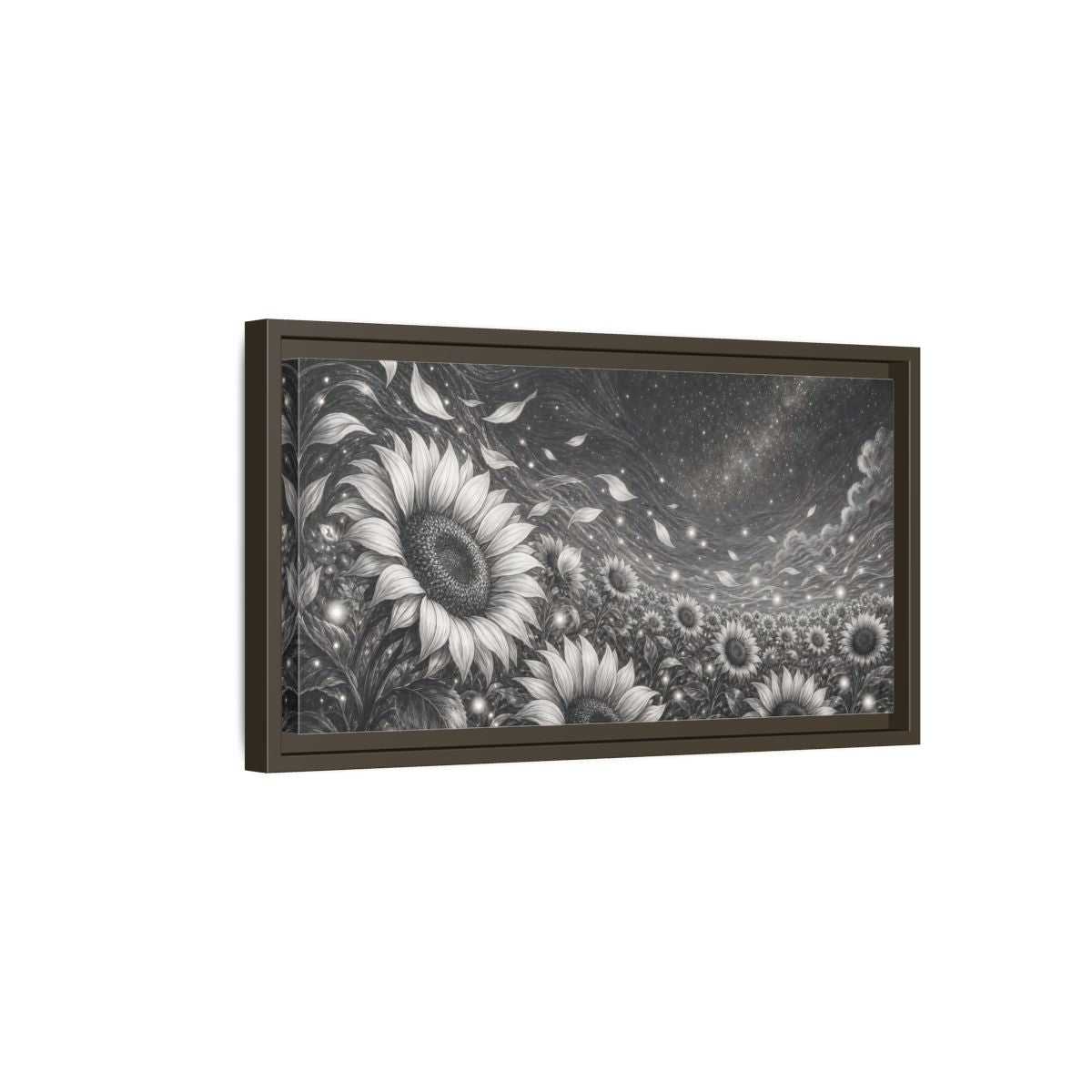 Side Mockup 7. Nature Sunflower Field Monochrome Sunflowers shown as stretched canvas wall art