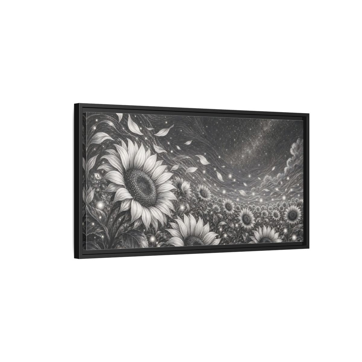 Side Mockup 2. Nature Sunflower Field Monochrome Sunflowers shown as stretched canvas wall art