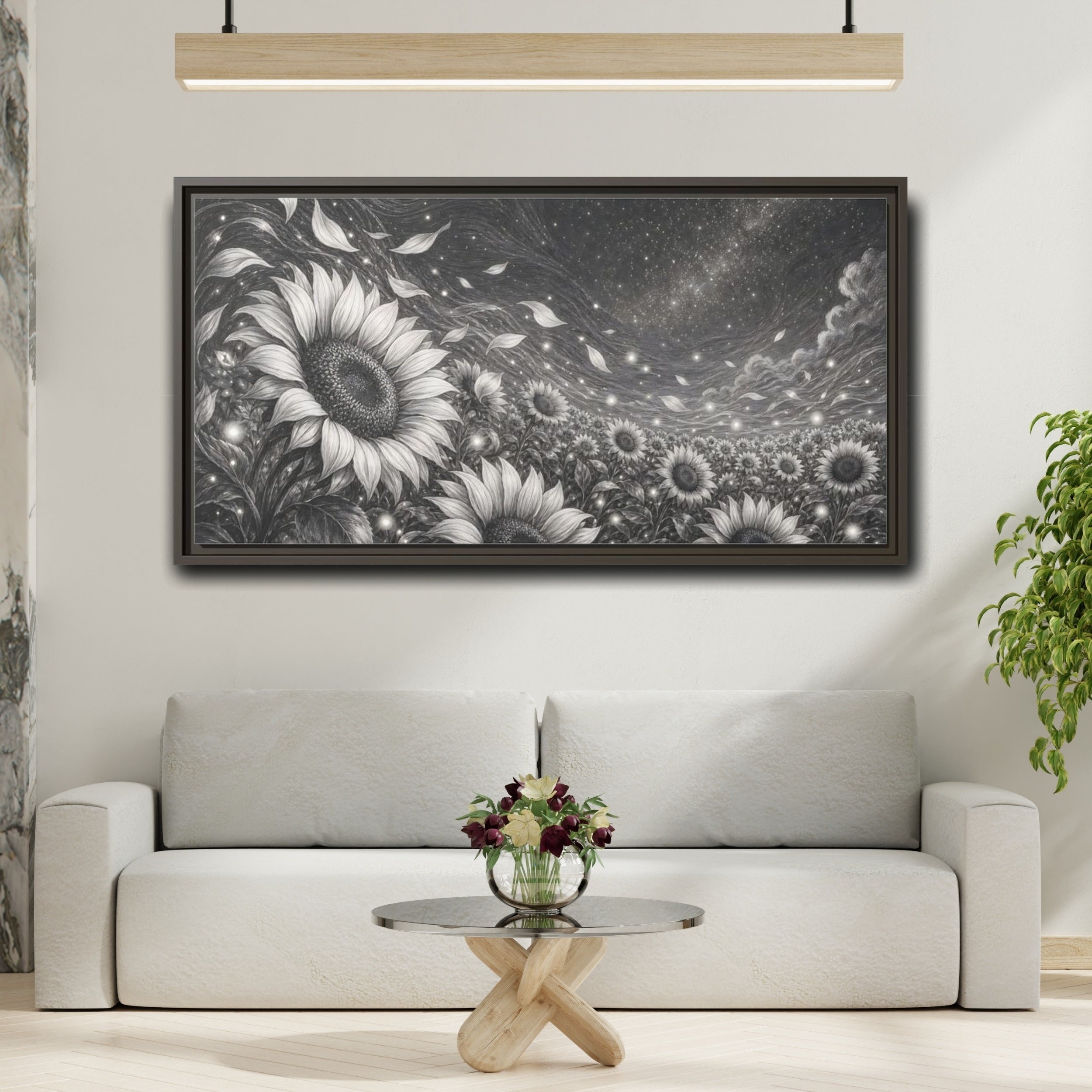 Mockup 2. Nature Sunflower Field Monochrome Sunflowers shown as stretched canvas wall art