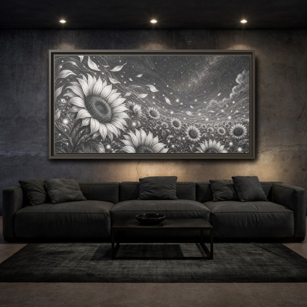 Mockup 3. Nature Sunflower Field Monochrome Sunflowers shown as stretched canvas wall art