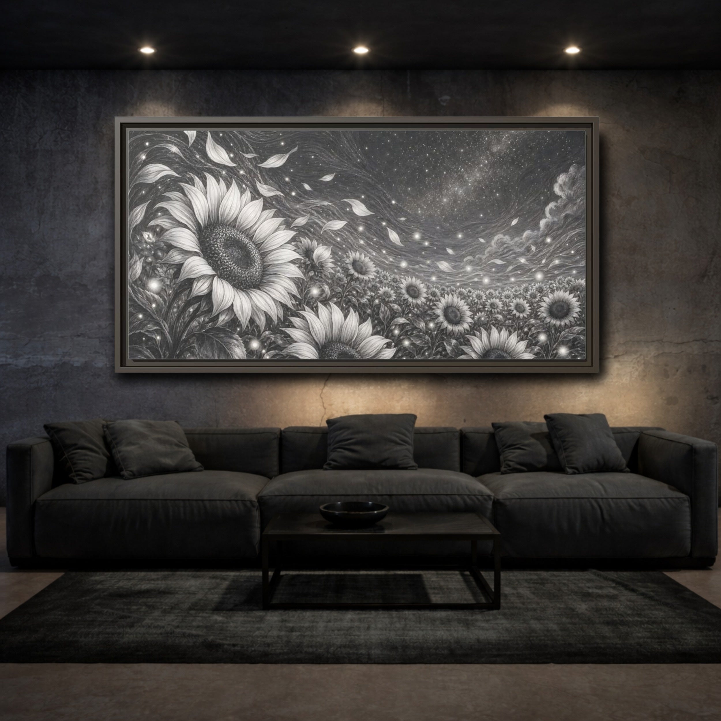 Mockup 3. Nature Sunflower Field Monochrome Sunflowers shown as stretched canvas wall art