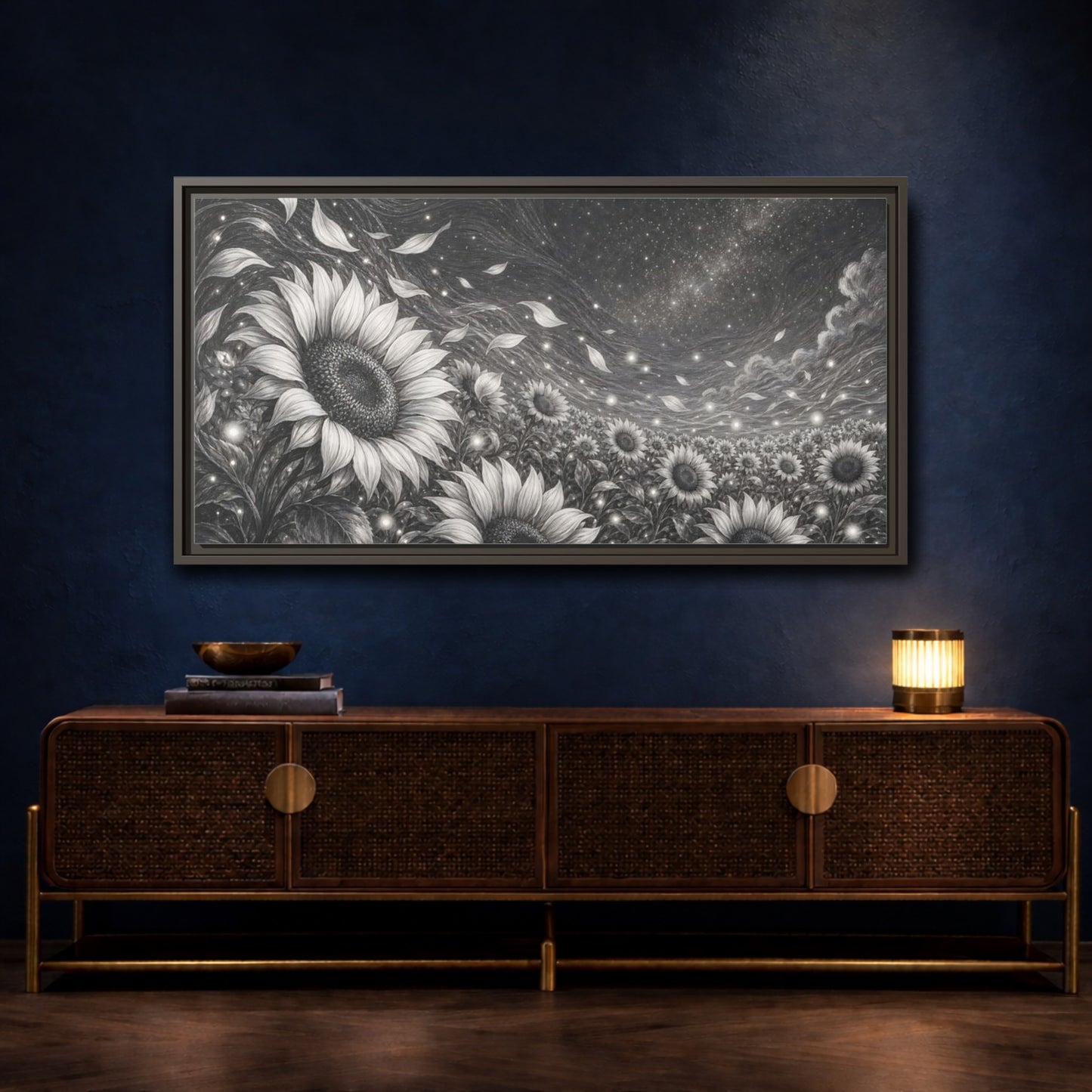 Mockup 4. Nature Sunflower Field Monochrome Sunflowers shown as stretched canvas wall art
