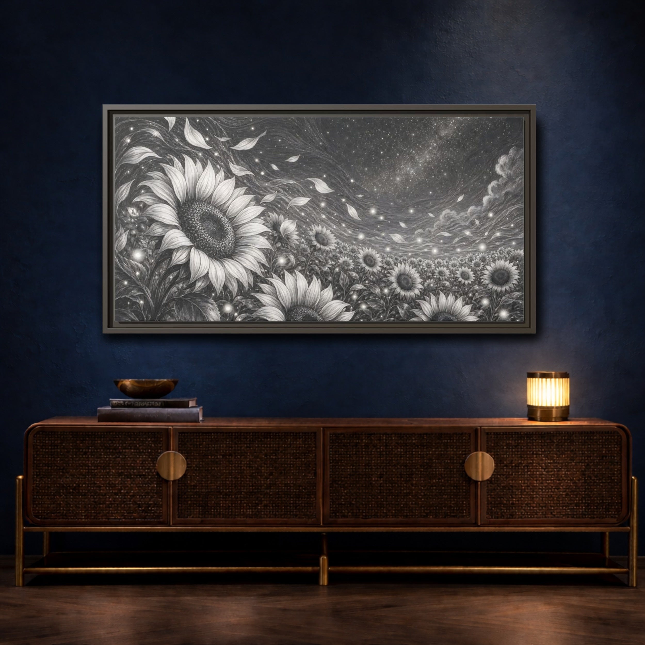 Mockup 4. Nature Sunflower Field Monochrome Sunflowers shown as stretched canvas wall art