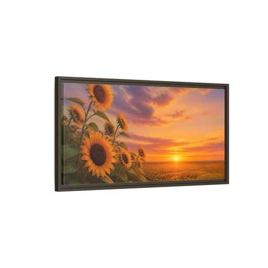 Main Mockup. Nature Sunflower Field Orange Yellow Landscape shown as stretched canvas wall art