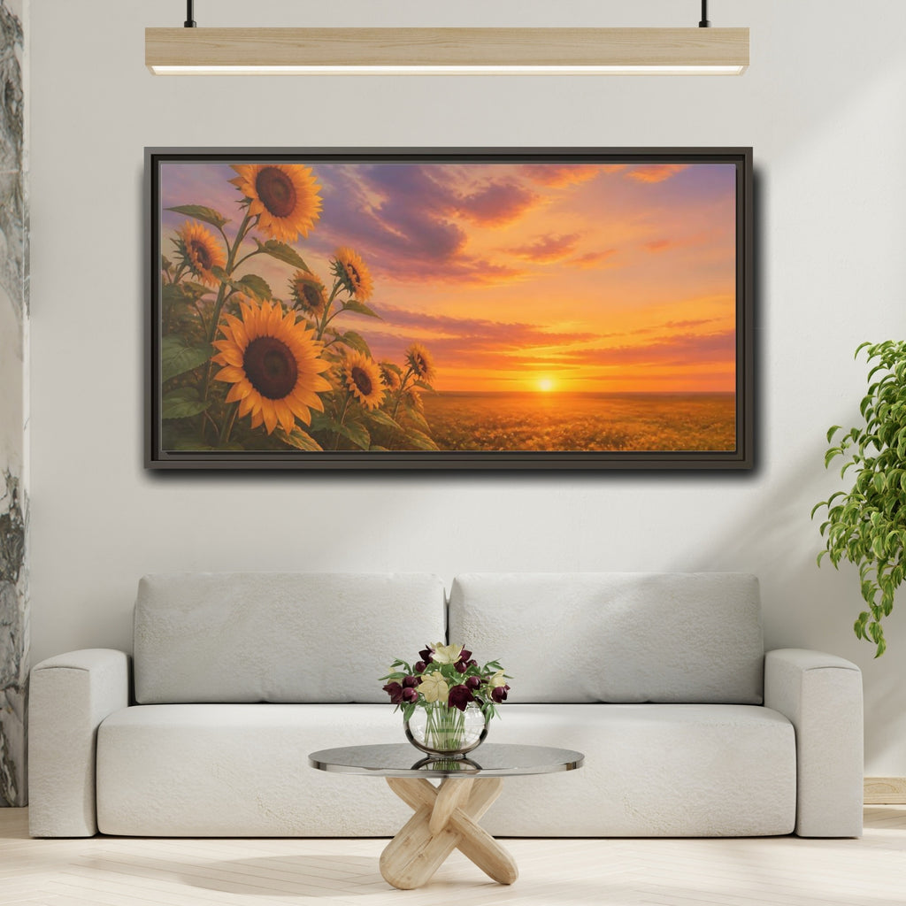 Mockup 2. Nature Sunflower Field Orange Yellow Landscape shown as stretched canvas wall art