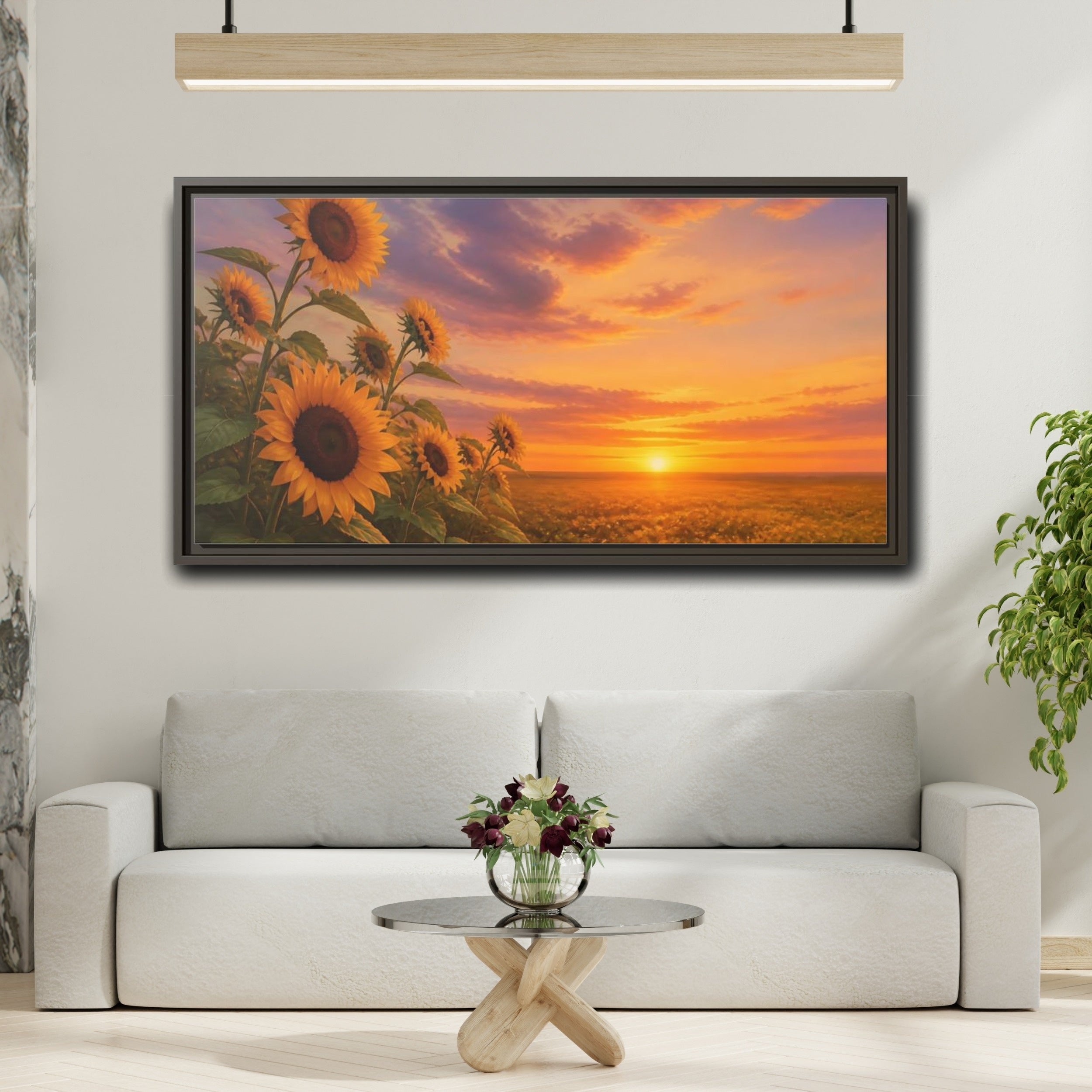 Mockup 2. Nature Sunflower Field Orange Yellow Landscape shown as stretched canvas wall art