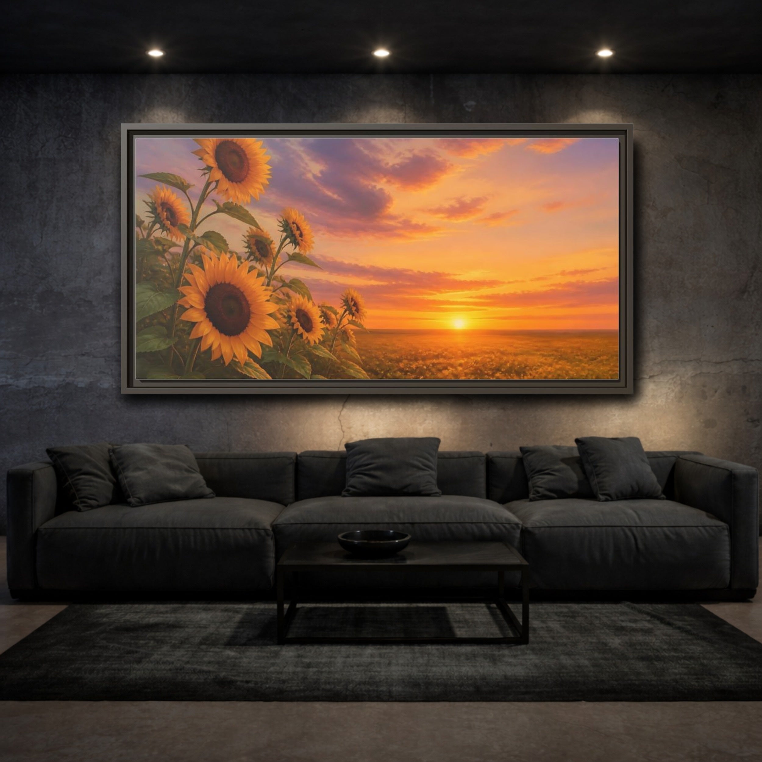 Mockup 3. Nature Sunflower Field Orange Yellow Landscape shown as stretched canvas wall art