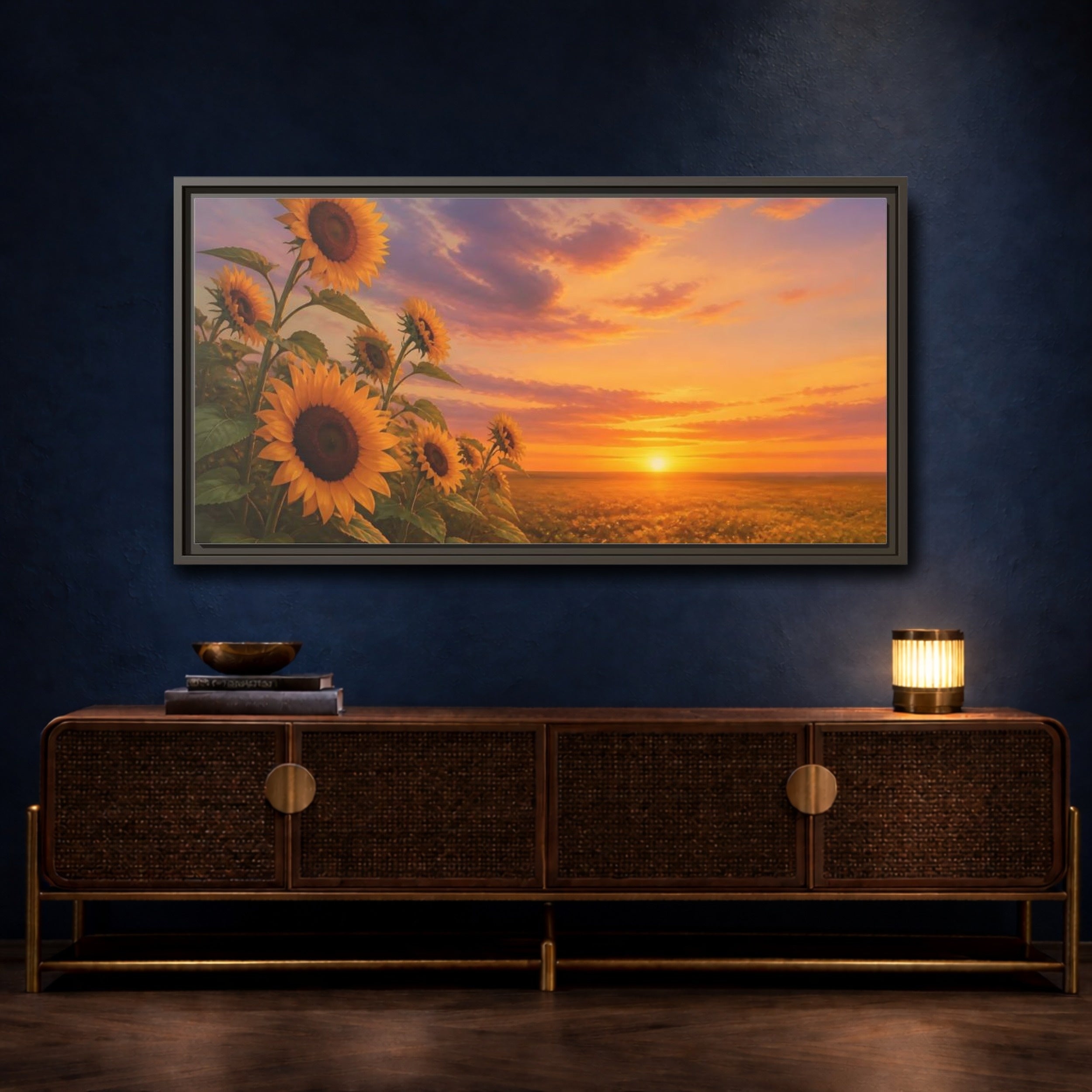 Mockup 4. Nature Sunflower Field Orange Yellow Landscape shown as stretched canvas wall art