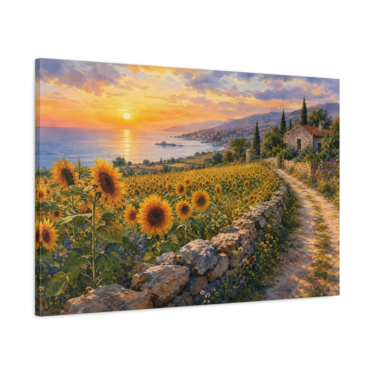 Main Mockup. Nature Sunflower Field Sunflowers Sunset Landscape shown as stretched canvas wall art