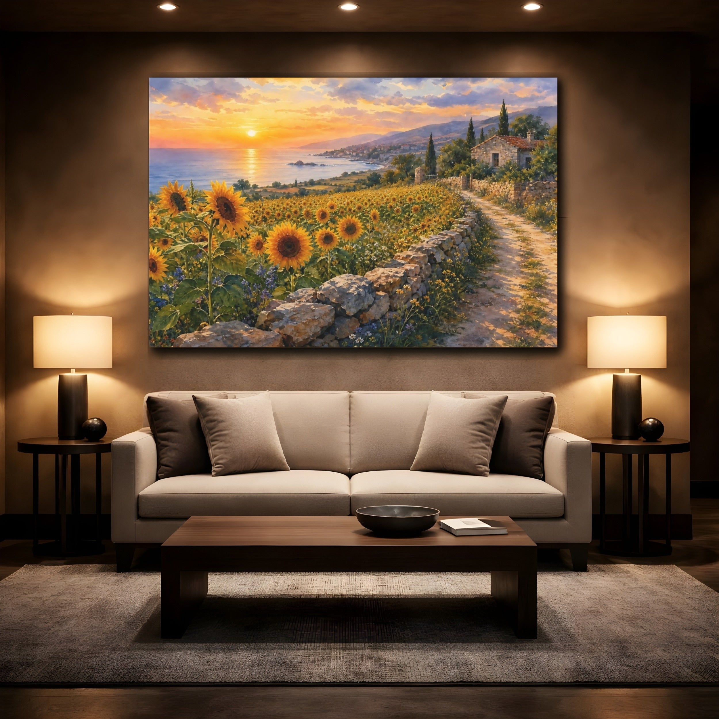 Mockup 2. Nature Sunflower Field Sunflowers Sunset Landscape shown as stretched canvas wall art