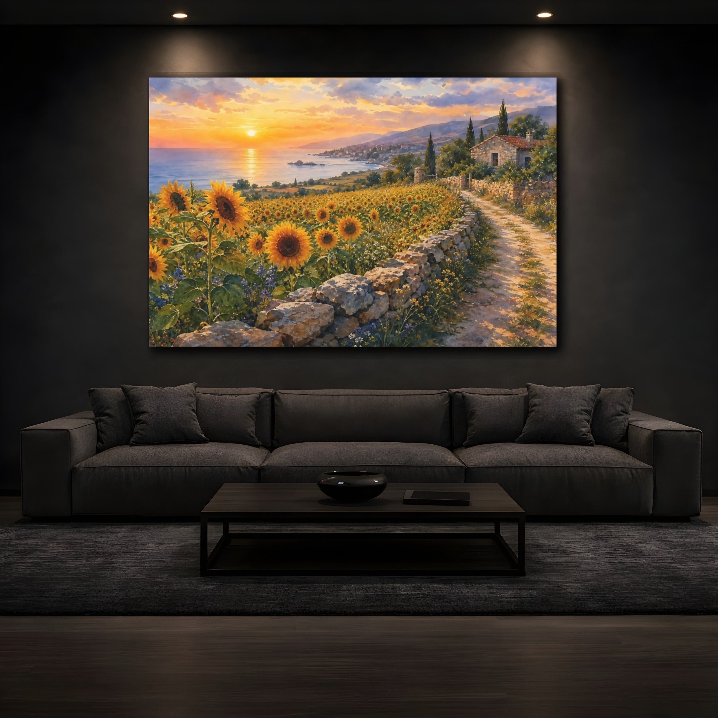 Mockup 3. Nature Sunflower Field Sunflowers Sunset Landscape shown as stretched canvas wall art