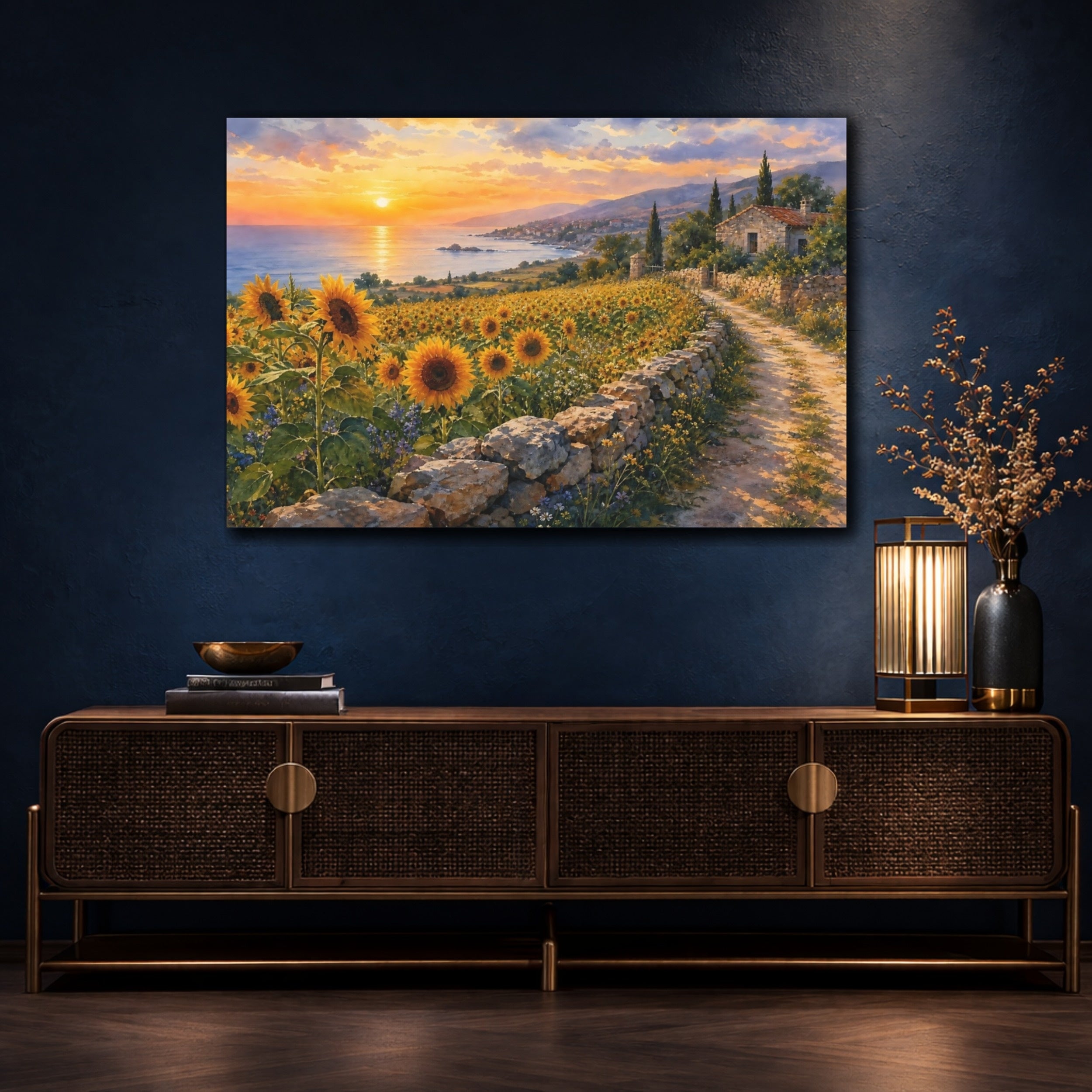 Mockup 4. Nature Sunflower Field Sunflowers Sunset Landscape shown as stretched canvas wall art