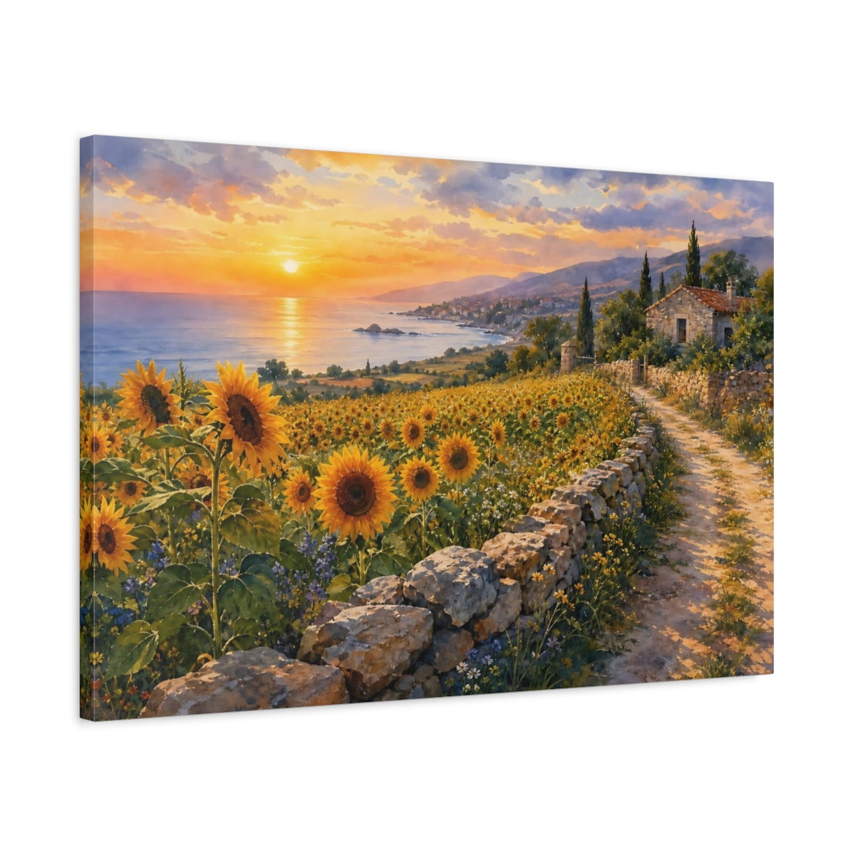 Side Mockup 2. Nature Sunflower Field Sunflowers Sunset Landscape shown as stretched canvas wall art