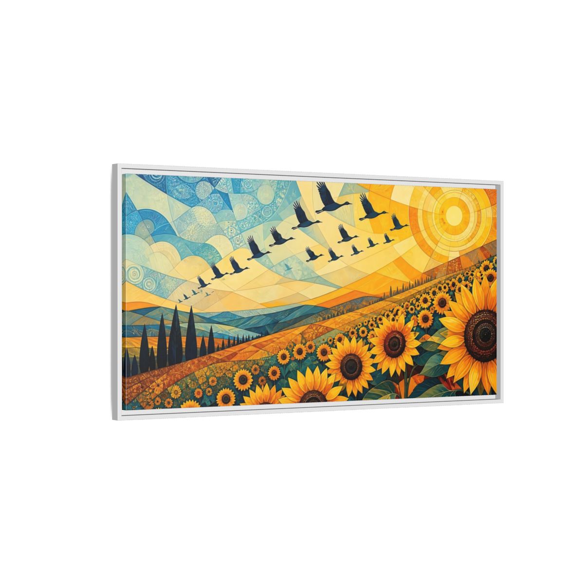 Side Mockup 3. Nature Sunflowers Blue And Yellow Landscape shown as stretched canvas wall art