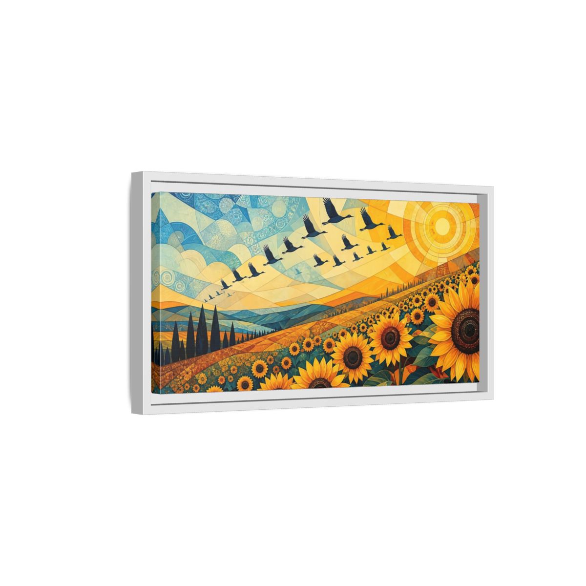 Side Mockup 6. Nature Sunflowers Blue And Yellow Landscape shown as stretched canvas wall art