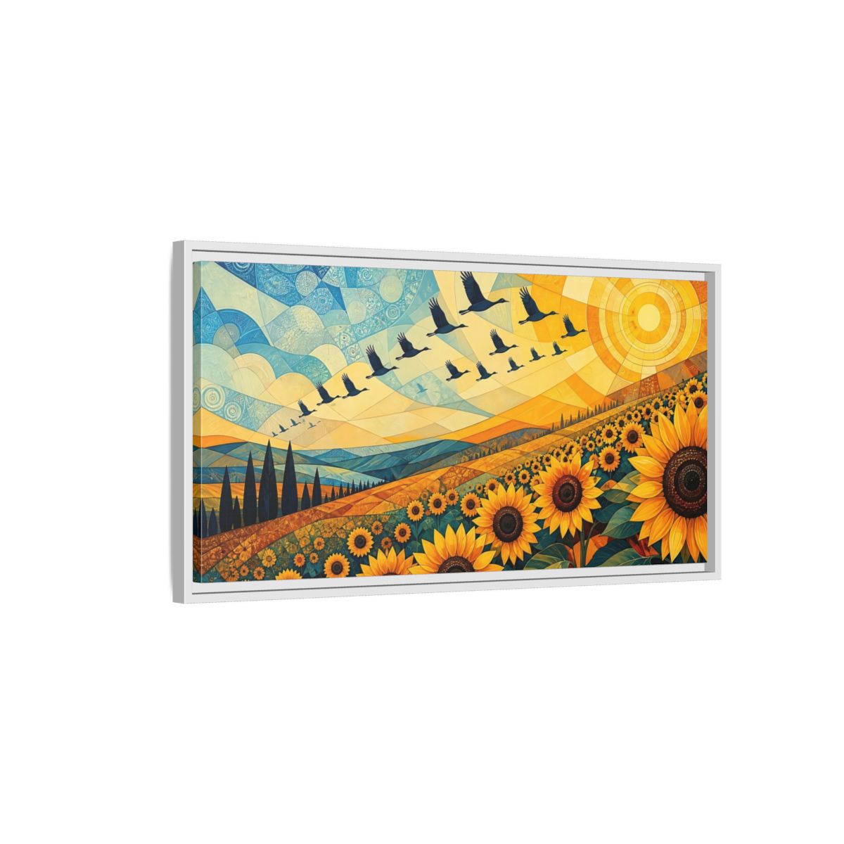 Side Mockup 1. Nature Sunflowers Blue And Yellow Landscape shown as stretched canvas wall art