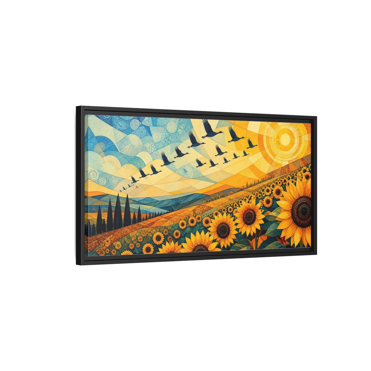 Side Mockup 2. Nature Sunflowers Blue And Yellow Landscape shown as stretched canvas wall art