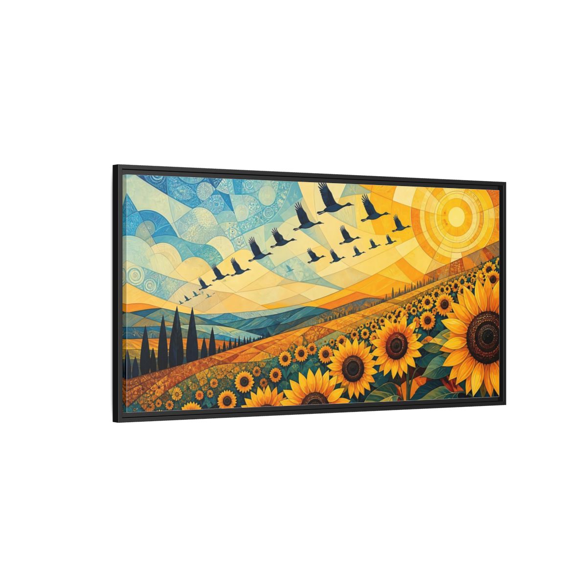 Side Mockup 5. Nature Sunflowers Blue And Yellow Landscape shown as stretched canvas wall art