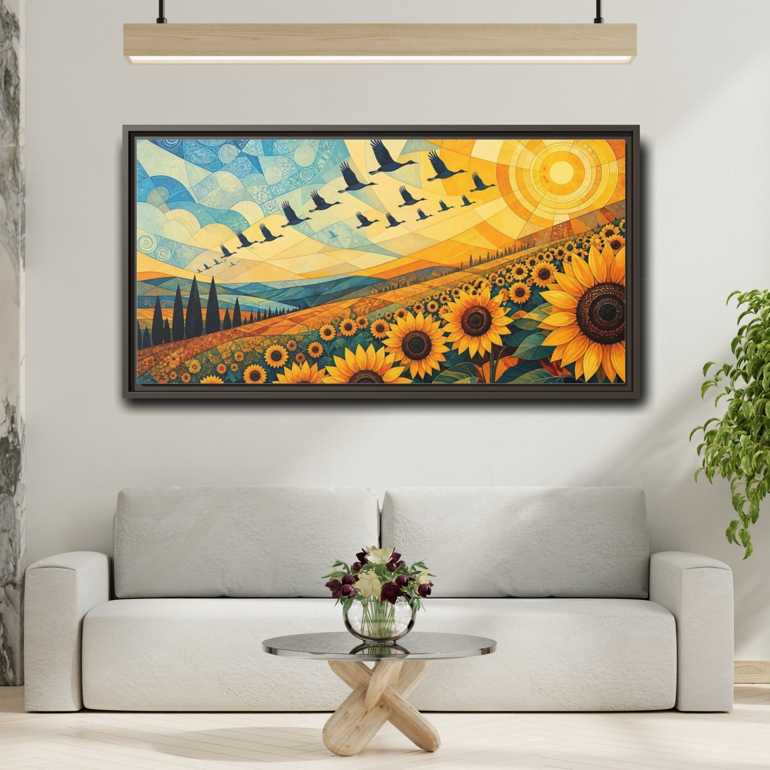 Mockup 2. Nature Sunflowers Blue And Yellow Landscape shown as stretched canvas wall art