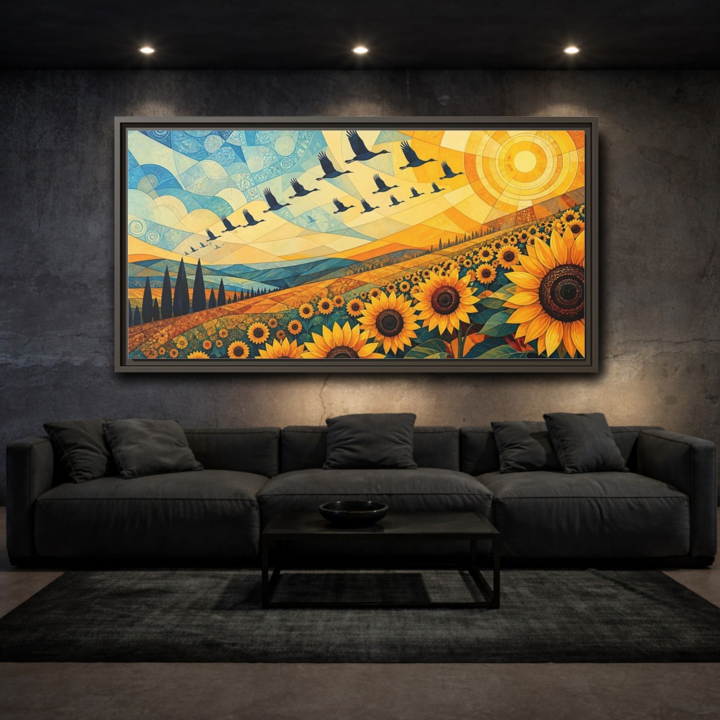 Mockup 3. Nature Sunflowers Blue And Yellow Landscape shown as stretched canvas wall art