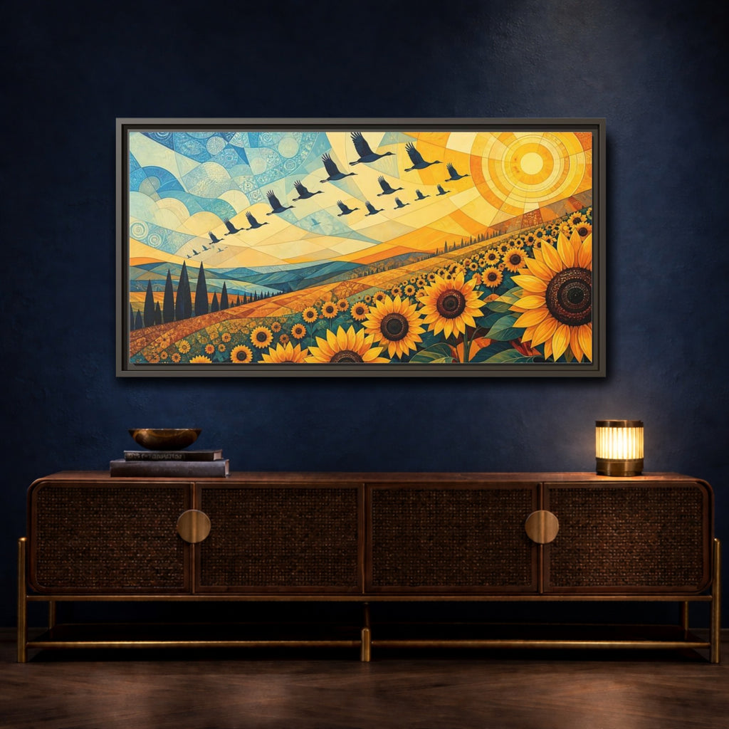 Mockup 4. Nature Sunflowers Blue And Yellow Landscape shown as stretched canvas wall art