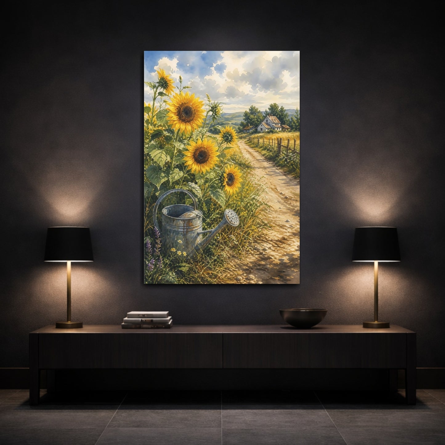 Mockup 3. Nature Sunflowers Golden Sunflowers shown as stretched canvas wall art