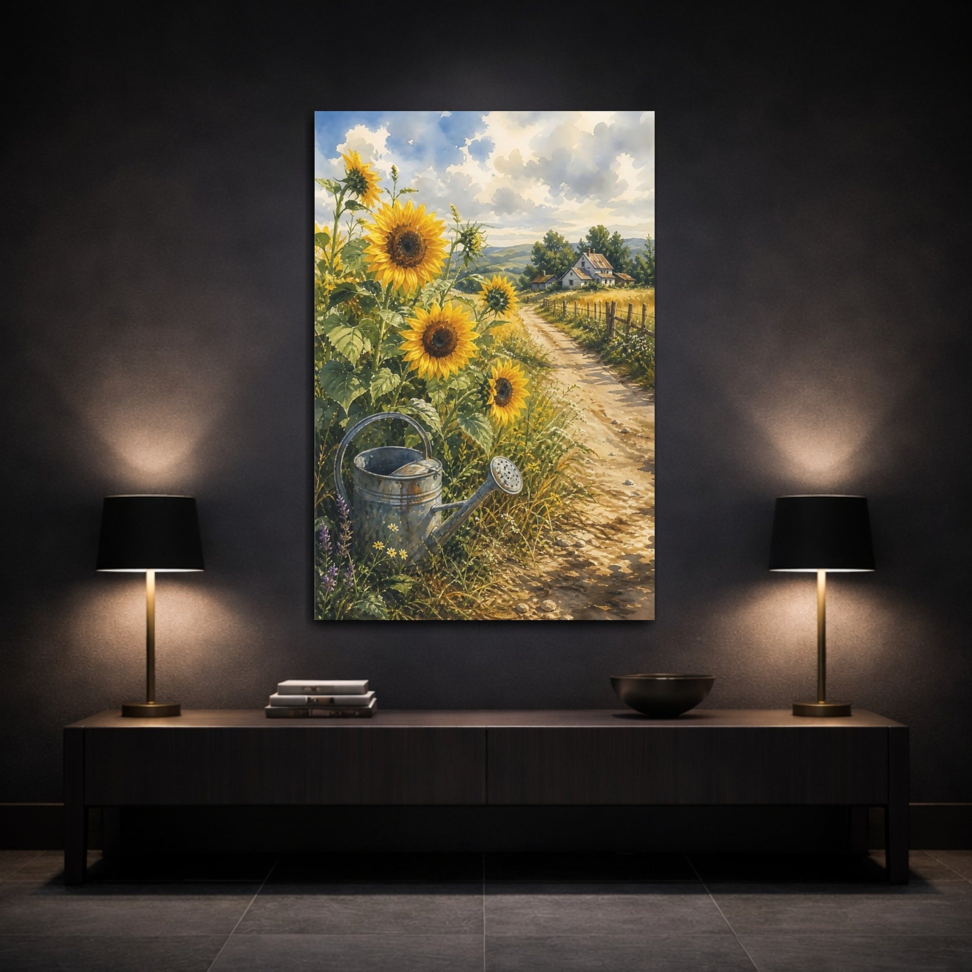 Mockup 3. Nature Sunflowers Golden Sunflowers shown as stretched canvas wall art