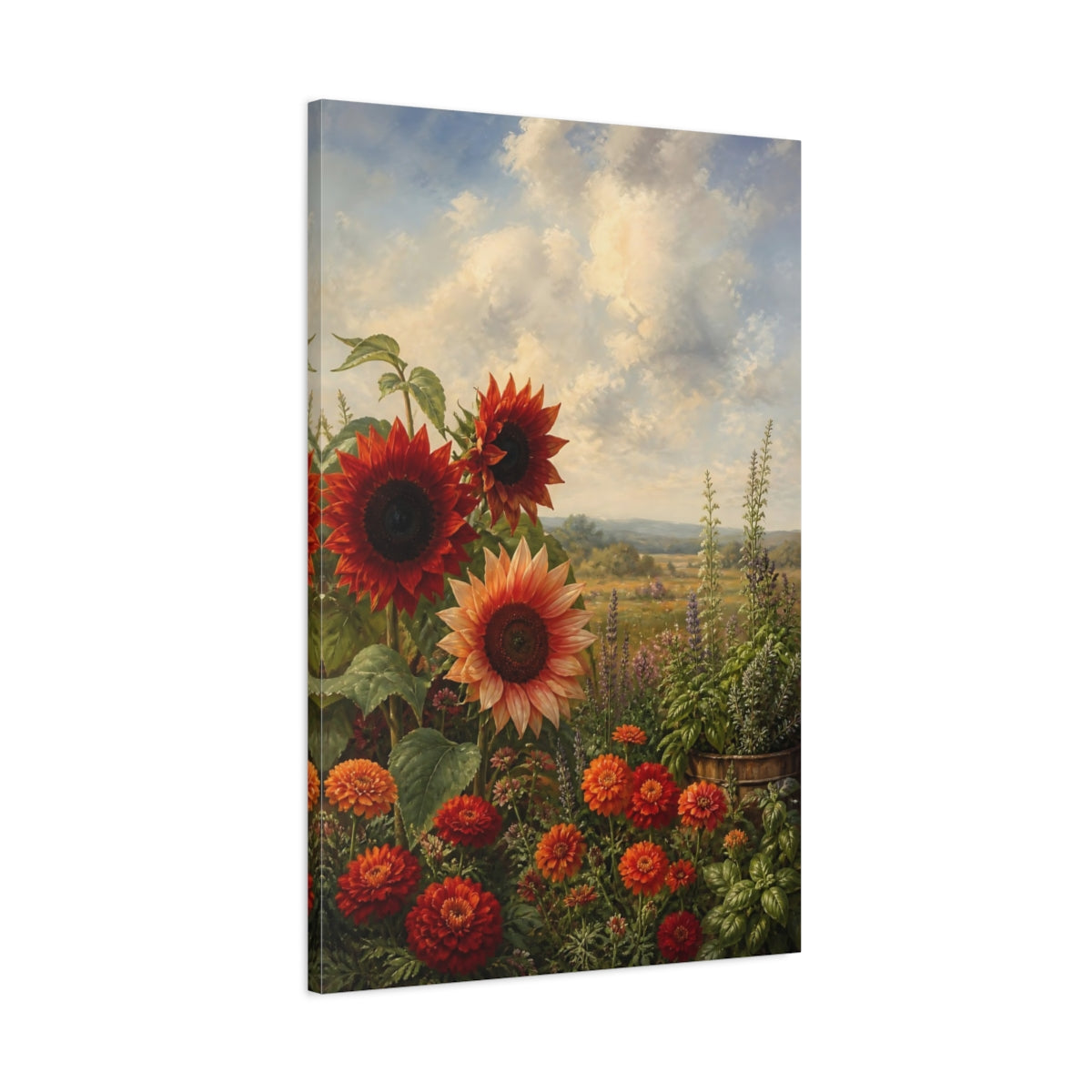 Main Mockup. Nature Sunflowers Orange And Red shown as stretched canvas wall art