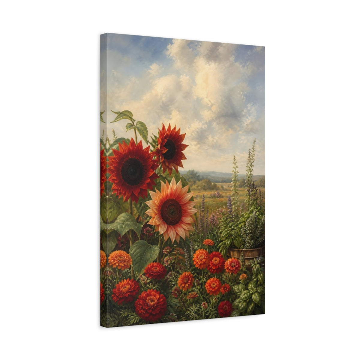 Side Mockup 3. Nature Sunflowers Orange And Red shown as stretched canvas wall art