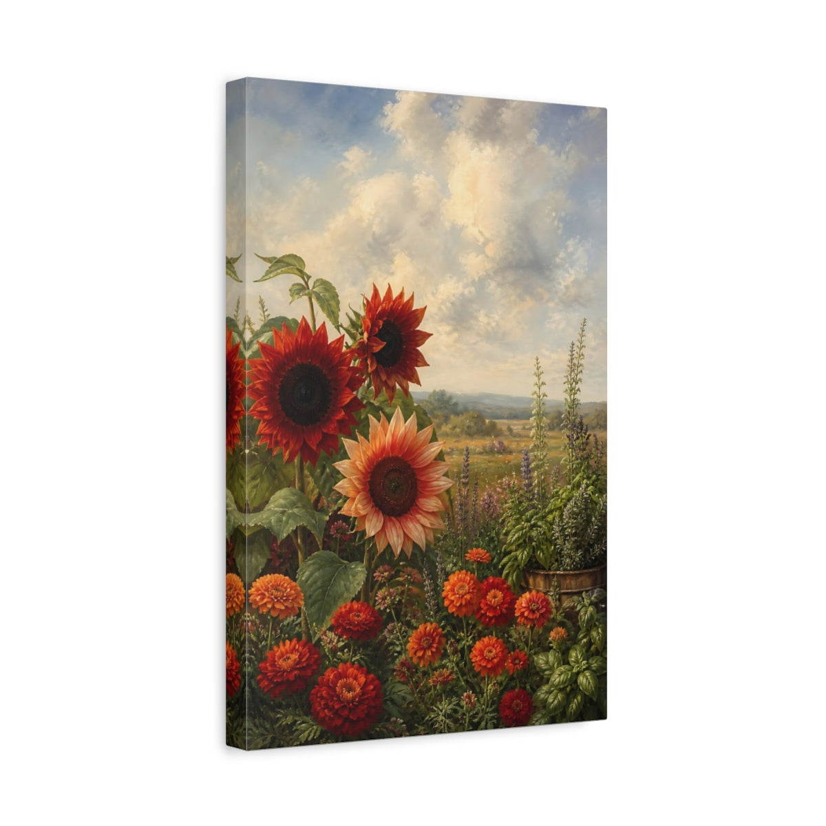 Side Mockup 4. Nature Sunflowers Orange And Red shown as stretched canvas wall art
