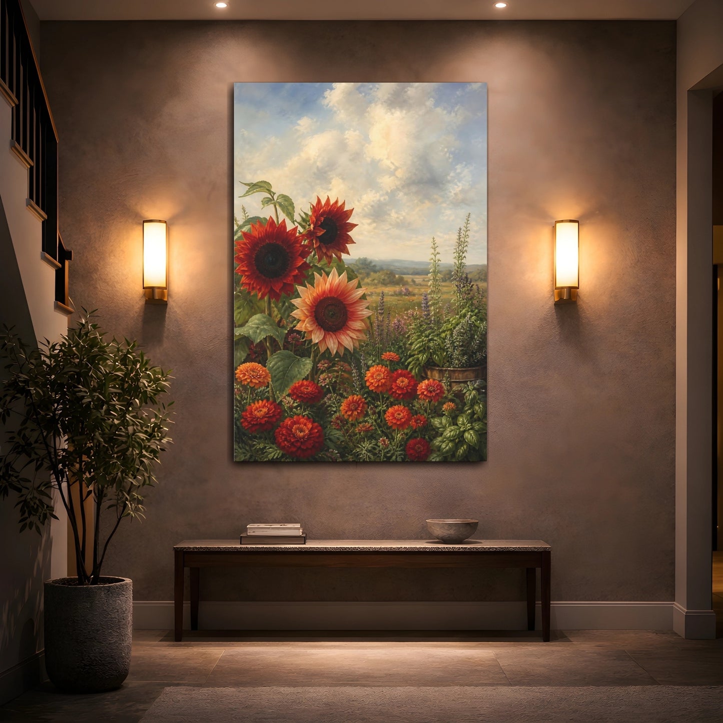 Mockup 2. Nature Sunflowers Orange And Red shown as stretched canvas wall art