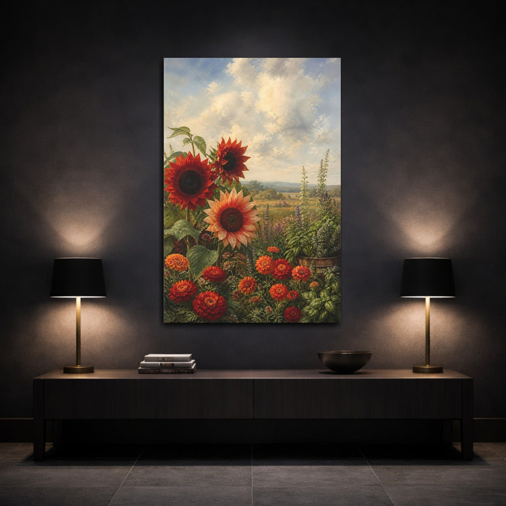 Mockup 3. Nature Sunflowers Orange And Red shown as stretched canvas wall art