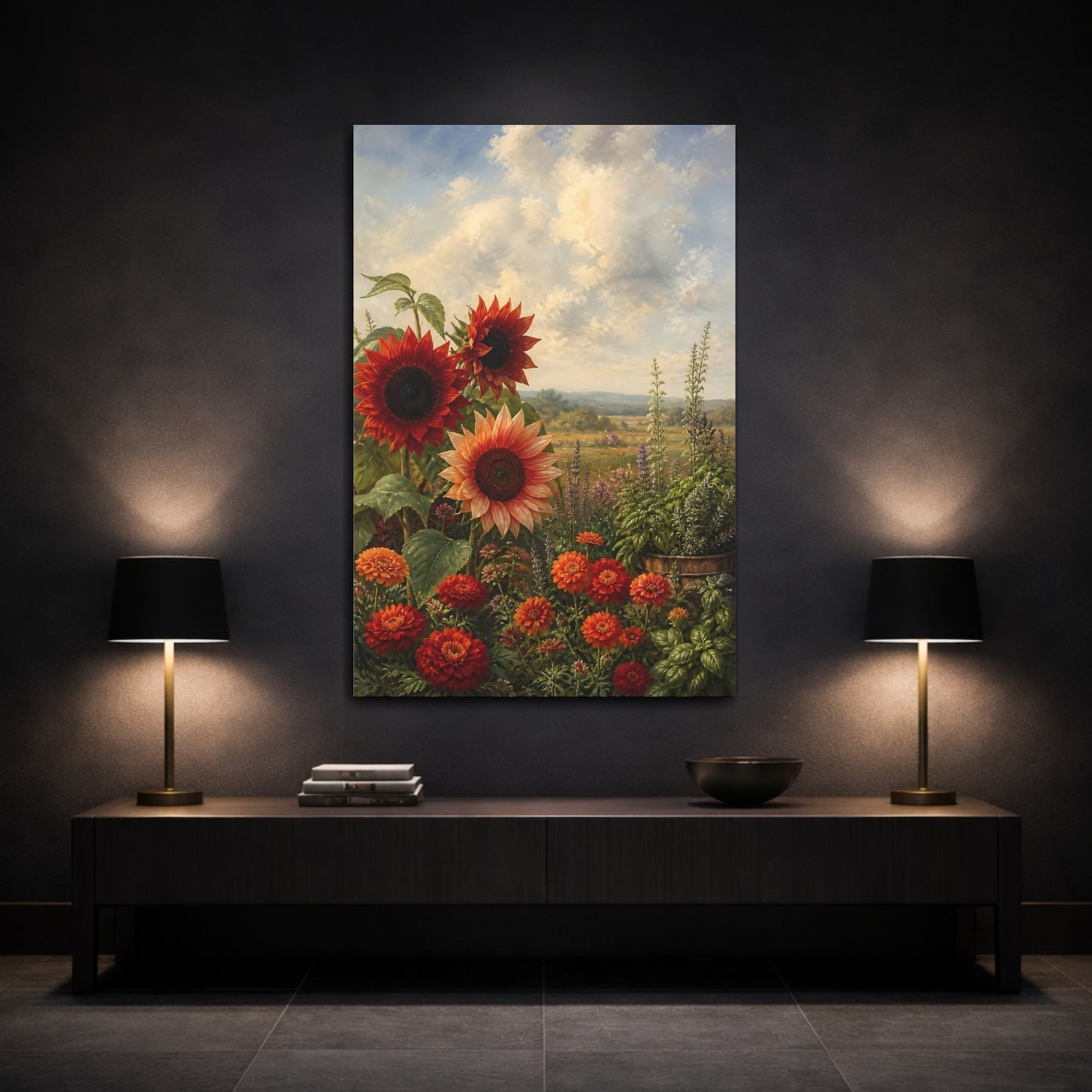 Mockup 3. Nature Sunflowers Orange And Red shown as stretched canvas wall art