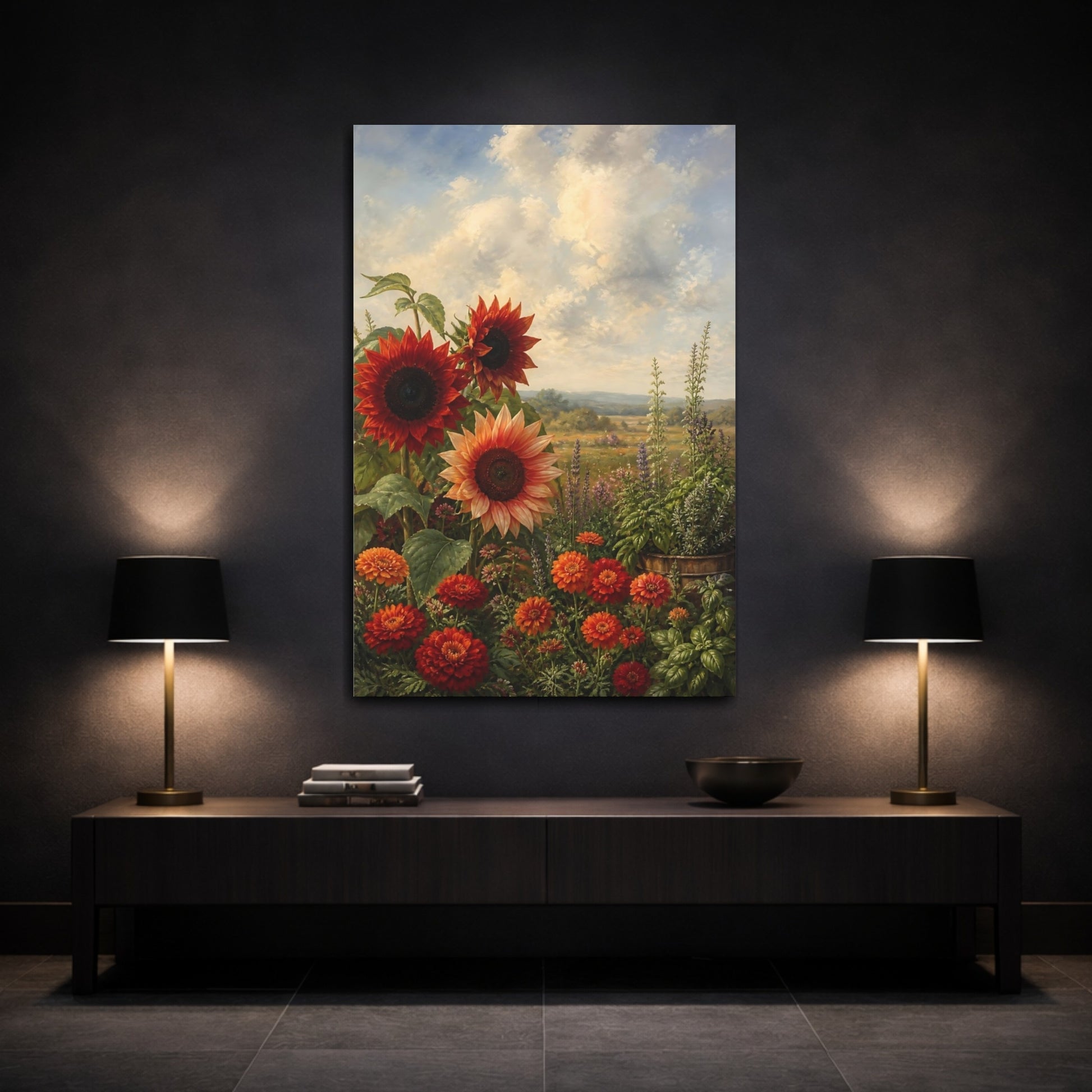 Mockup 3. Nature Sunflowers Orange And Red shown as stretched canvas wall art