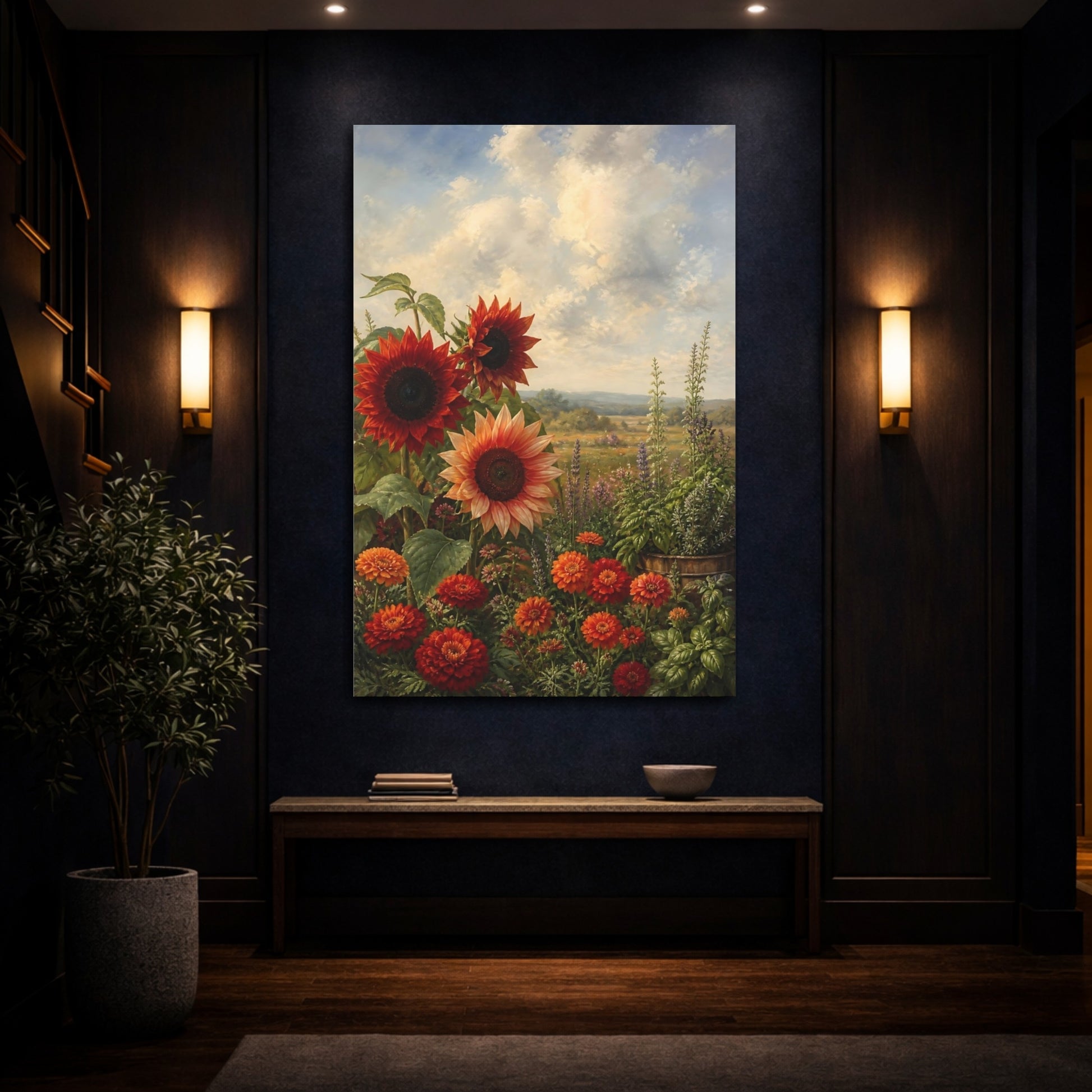 Mockup 4. Nature Sunflowers Orange And Red shown as stretched canvas wall art